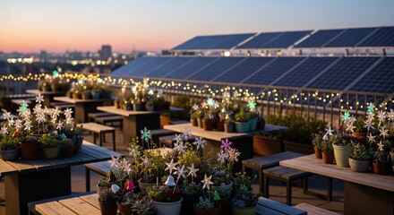 Urban rooftop garden terrace at dusk with decorative lights, potted plants, and solar panels overlooking a city skyline