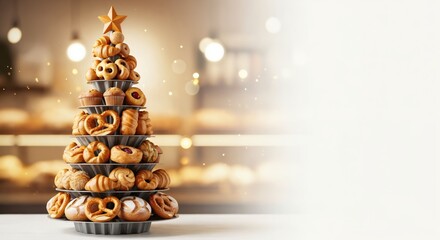 Festive Christmas tree made from delicious baked goods and pastries in a warm bakery setting, perfect for holiday celebrations