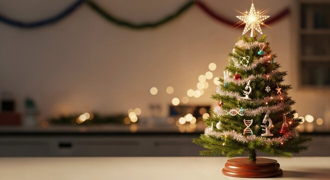 Miniature Christmas Tree Decorated with Science Symbols like DNA, Microscopes, and Atoms, Blending Holiday Cheer with STEM
