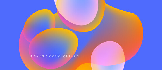Abstract fluid shapes overlap, vibrant colors blend. Blue backdrop emphasizes orange, pink, purple gradients. Modern design element.