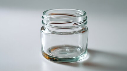 A clear glass jar with a simple design, showcasing its transparent elegance against a light background.