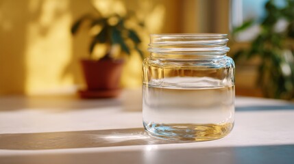 A clear glass jar filled with water, casting reflections on a bright table, with a potted plant in the background.