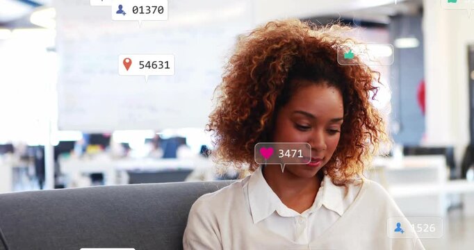 Woman reading phone on gray sofa, causing social media notification icons clustering around torso - Powered by Adobe