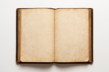 Fototapeta premium Open old vintage book with blank aged pages placed on white background, antique manuscript concept with historical texture and rustic paper look. Ai generative
