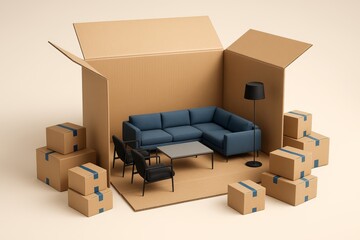 Living room furniture setup inside large cardboard box surrounded by moving boxes on beige background, symbolizing relocation and home moving concept. Ai generative