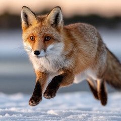 Obraz premium A red fox walking through snow in a winter landscape.