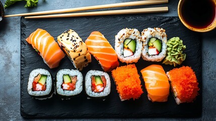Authentic Japanese sushi rolls arranged dark slate board with soy sauce wasabi chopsticks and seaweed background no faces restaurant lighting