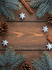 Rustic christmas background with fir branches pine cones and cinnamon sticks