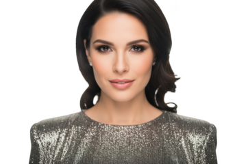 A woman with light skin and dark hair wearing a silver sequin top, beautiful, brunette, cosmetic, dress, hair, portrait, silver, smile, wear, woman 