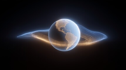 Abstract 3D visualization of the globe surrounded by fluid gold and blue light rings representing sound waves, history, and global broadcasting.