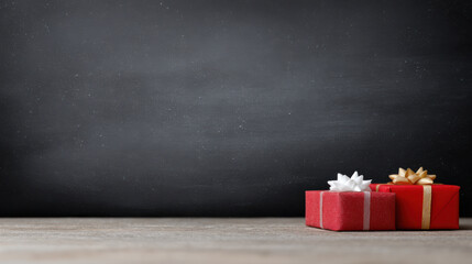 Red gift boxes with white and gold bows on wooden table against blackboard background for holiday message