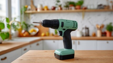A teal cordless power drill rests on a wooden kitchen countertop, surrounded by bright greenery and warm kitchen decor.