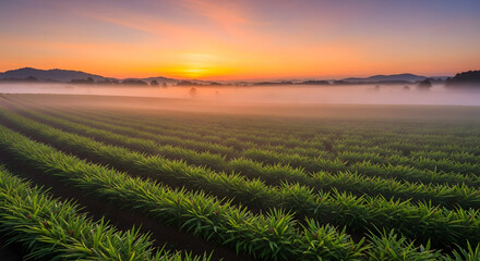 Obraz premium Golden sunrise over misty agricultural fields
