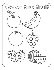 Set of fruits outline.Fruit coloring page.Education and school kids coloring page, printable and worksheet.Activity for preschool or kindergarten.Coloring book for children.Vector illustration.