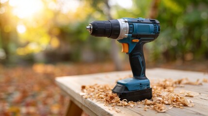 A powerful cordless drill rests on a wooden table scattered with shavings, capturing the essence of woodworking and creativity.