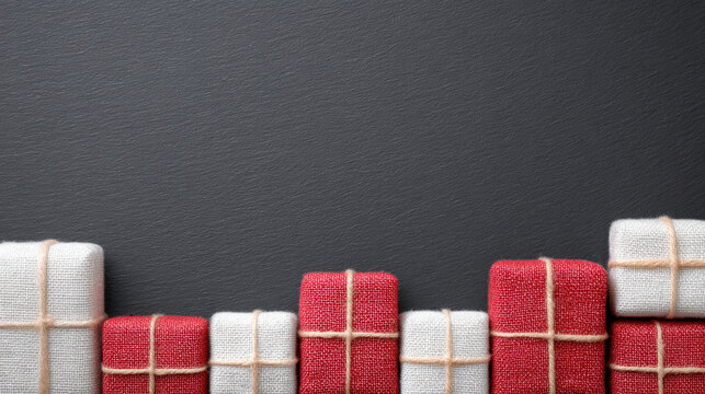 Festive red and white fabric gift boxes tied with string on black background create cozy holiday atmosphere