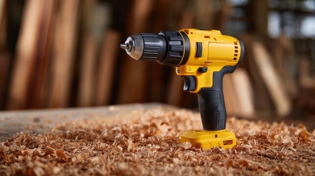 A bright yellow power drill resting on a pile of wood shavings, highlighting its robust design and functionality.