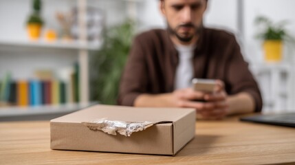 A young man of Middle-Eastern descent examines a damaged package on a wooden table while using his smartphone.