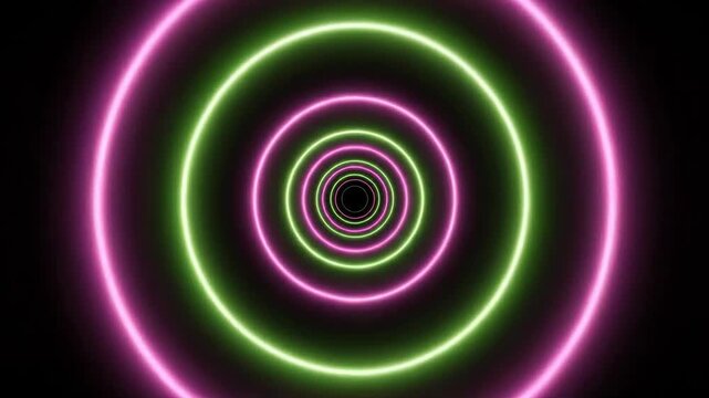 Seamlessly looping motion graphic abstract background featuring concentric rings of electric neon green and pink light rapidly expanding and contracting movement, looping, synthwave