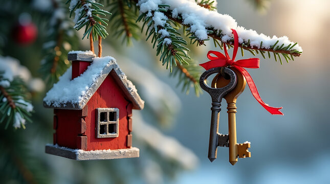 Christmas house ornament and keys on tree branch new home holiday gift - Powered by Adobe