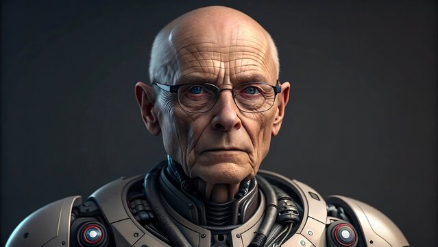 Futuristic cyborg portrait of elderly man with robotic armor in sci fi style