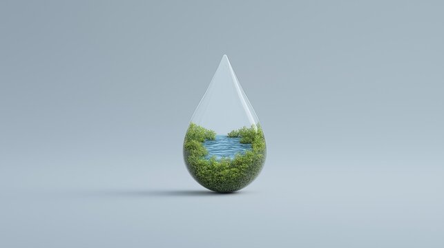 3D illustration of a crystal clear water drop containing a miniature forest and lake. Ecological concept of nature conservation and environmental purity.