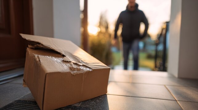 A man stands at his doorstep as he discovers a damaged delivery box in the warm glow of a sunset.