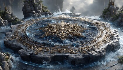 Ancient ritual altar mockup etched with blue circuitry veins and crystal nodes