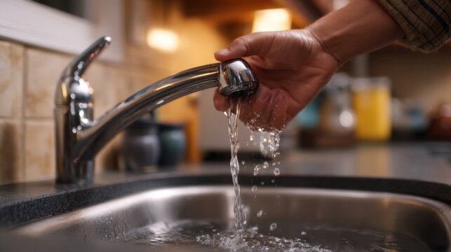 A close-up of a hand turning on a modern faucet, water flowing into the kitchen sink, showcasing a clean and inviting space.