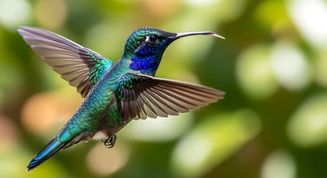 Vibrant iridescent hummingbird with bright blue and green plumage hovering in midair against a soft green bokeh background - Powered by Adobe