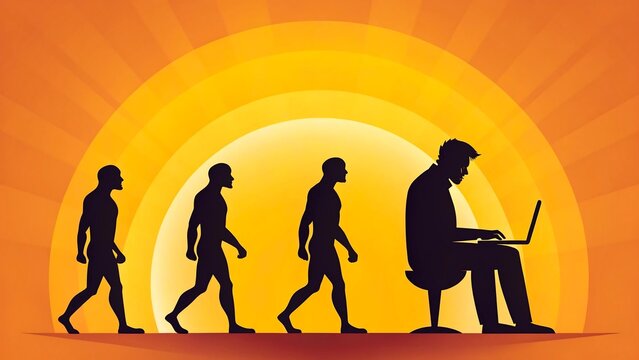 Human evolution concept showing silhouettes transforming into man using laptop in modern age
 - Powered by Adobe
