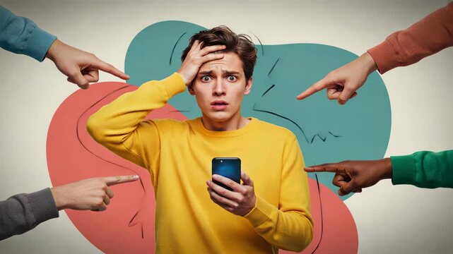 Man surrounded by pointing hands showing blame and pressure, leadership conflict, business problem