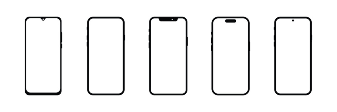 Modern smartphone  with black frame mockup set vector illustration . Smartphone frame mockup vector set with different notch styles and bezel designs . eps 10