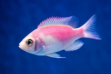 Obraz premium Bright pink and white tropical fish swimming in deep blue water