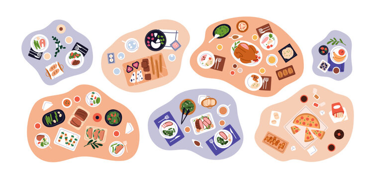 Food on tables. Assorted shared meal sets. Dishes, snacks and drinks served, top above view. Pizza, turkey, salad, fruit, meat on plates. Flat vector illustrations isolated on white background