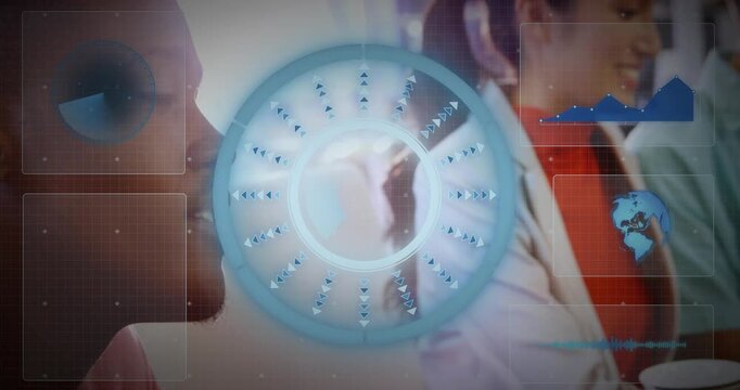 Three colleagues tapping tablets during tech demo, HUD appearing and pulsing while tracing inputs