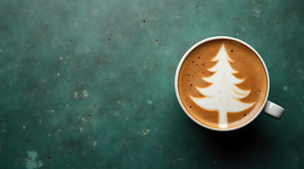 Christmas tree latte art coffee cup on green background holiday season