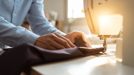 A male tailor expertly sews fabric on a sewing machine, showcasing precision and attention to detail in a well-lit studio.