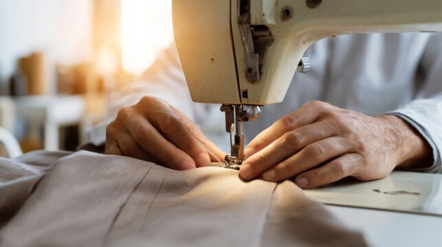 Close-up of a skilled tailor's hands sewing a garment with a vintage sewing machine in a warm, well-lit workshop. - Powered by Adobe