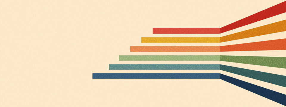 Retro line abstract background with rainbow perspective stripes on vintage beige. Geometric 70s bands, ribbons in groovy color palette create dimensional path effect. Vector parallel waves