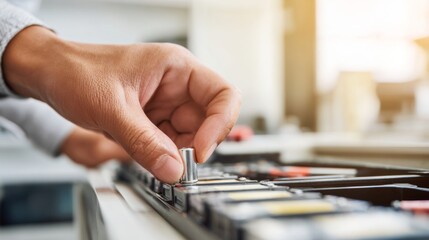 A close-up of a hand adjusting a control knob on a sound mixing board, capturing a focused moment in audio production.