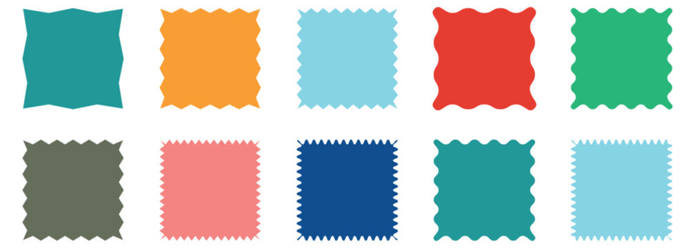Color rectangle frames with wiggly borders.  Vector colorful wave square  set.  Set of rectangle shape frames with zigzag edge. Frames Scalloped Vector Corrugated Bento Grid Shapes Set.