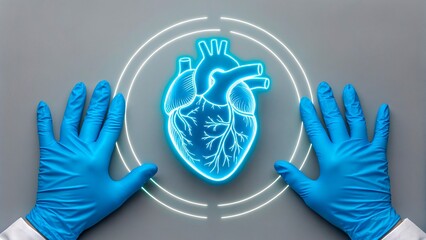 Blue medical gloves surrounding digital heart illustration in healthcare concept
