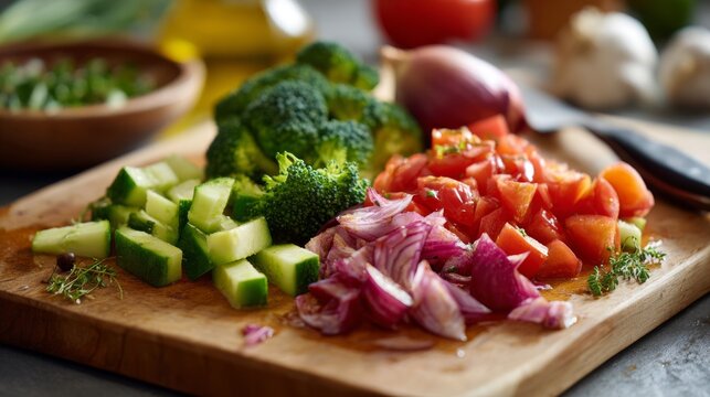 Freshly chopped vegetables including broccoli, cucumber, tomato, and red onion arranged on a wooden cutting board. - Powered by Adobe