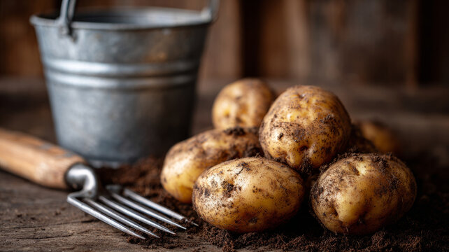 Freshly harvested potatoes with dirt on a rustic wooden table.