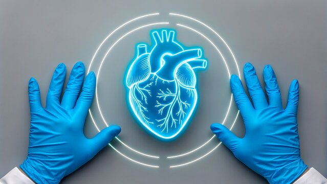 Blue medical gloves surrounding digital heart illustration in healthcare concept
