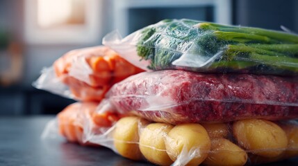 A close-up of stacked freezer bags containing fresh vegetables and meat, highlighting a vibrant mix of colors and textures.