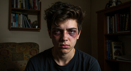 Young man with bruised eyes sitting in living room at home