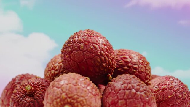 Close-up of a pile of reddish-brown, textured fruits against a pastel sky. The fruits are clustered together