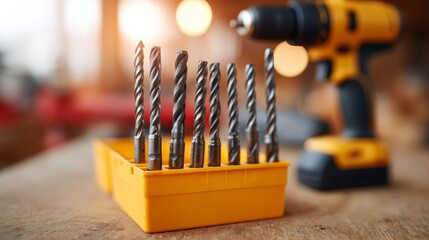 Close-up of a yellow toolbox filled with drill bits and a power drill, creating a vibrant workshop atmosphere.